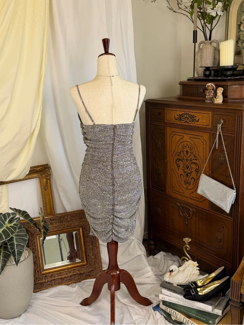NWT AKIRA Silver Rhinestone Ruched Mini Dress - Picture 6 of 8